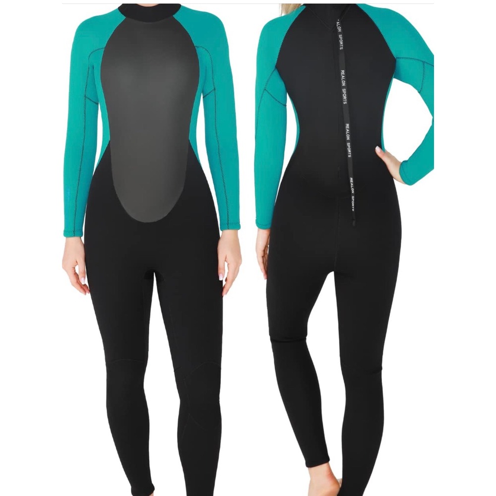REALON Full Wetsuit Womens S Black Teal Excellent 4/3mm Neoprene Back Zip